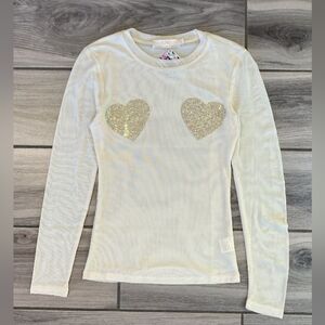 Heart & Hips White Long Sleeve Top with Gold Heart Accents